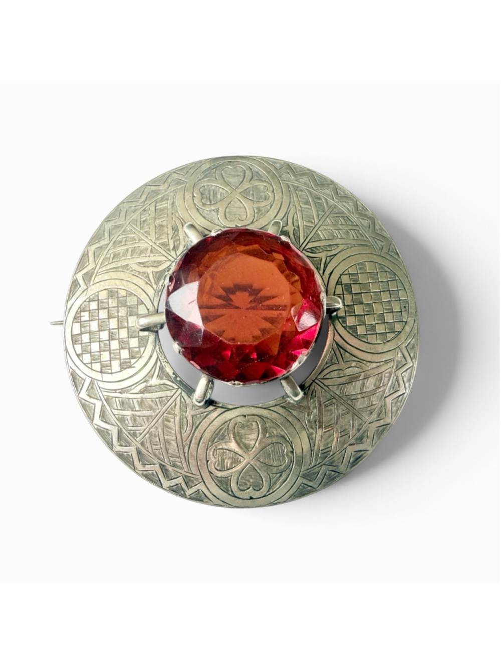 Large Victorian Scottish Kilt Cape Pin Carnelian Glass Celtic Plaid Brooch - Picture 2 of 10